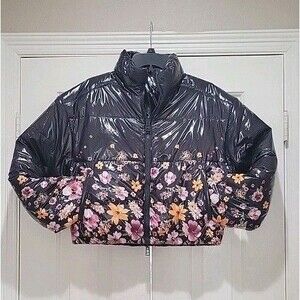 Reversible Floral Black Cropped Puffer Jacket Women’s Small Full Zip